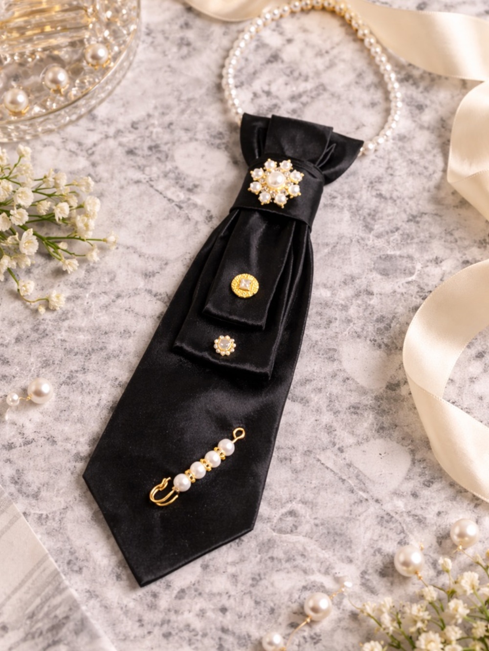 Black Satin Tie Necklace Pearl Statement Jewelry - Picture 3 of 3